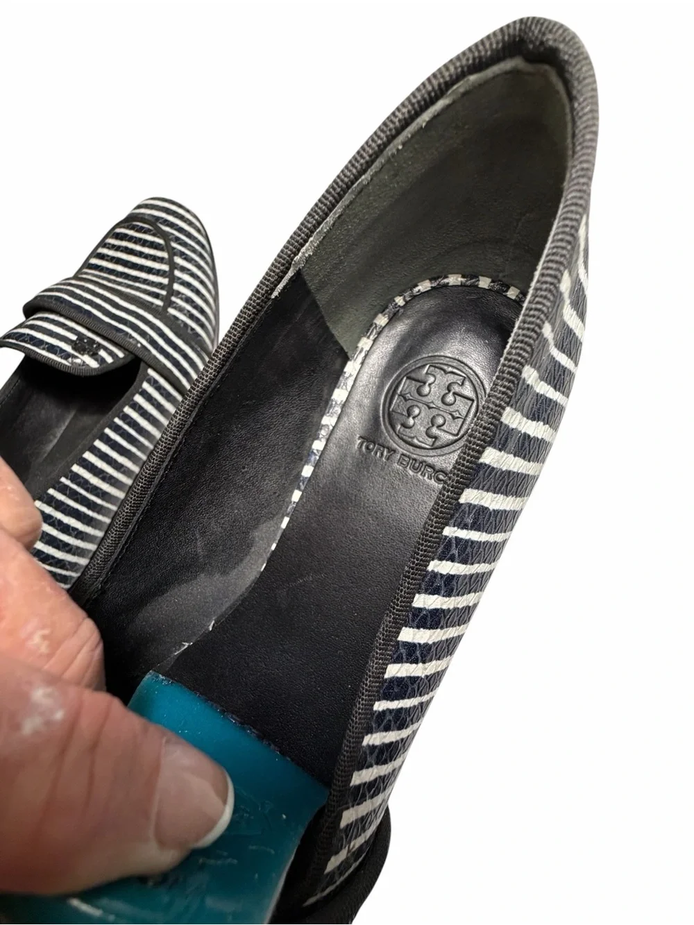 Tory Burch Evette Penny Loafers Striped Black & White Leather Loafers Sz 5.5